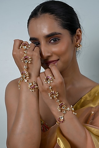 Gold Plated Jadau Multi-Colored Kundan Polki Haathphool (Set Of 2) by Shlok Jewels