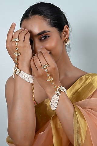 Gold Plated Jadau Kundan Polki Haathphool (Set Of 2) by Shlok Jewels