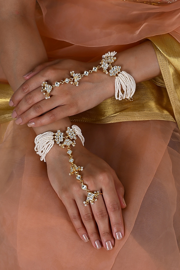Gold Plated Jadau Kundan Polki Haathphool (Set Of 2) by Shlok Jewels at Pernia's Pop Up Shop