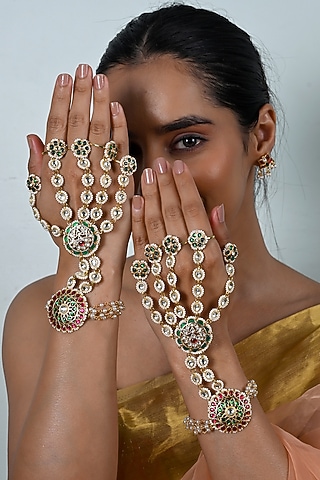 Gold Plated Jadau Multi-Colored Kundan Polki Haathphool (Set Of 2) by Shlok Jewels