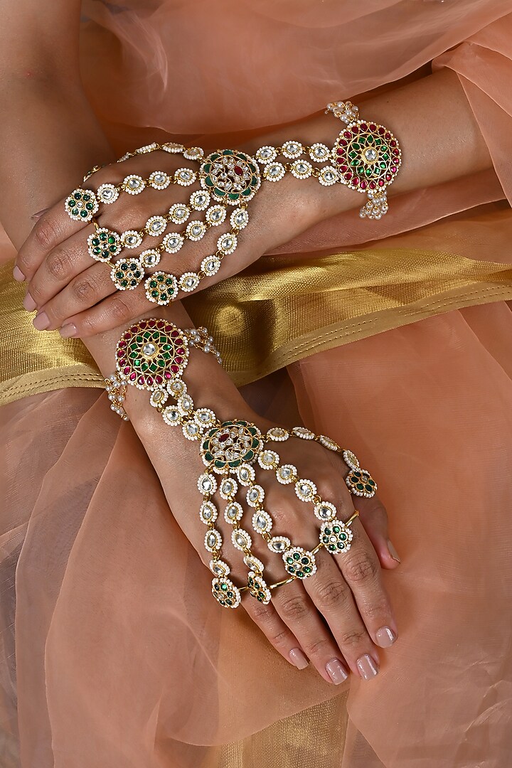 Gold Plated Jadau Multi-Colored Kundan Polki Haathphool (Set Of 2) by Shlok Jewels at Pernia's Pop Up Shop