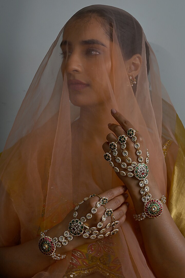 Gold Plated Jadau Multi-Colored Kundan Polki Haathphool (Set Of 2) by Shlok Jewels at Pernia's Pop Up Shop