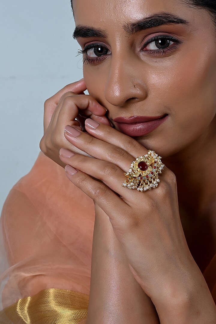 Gold Plated Jadau Kundan Polki & Mother Of Pearl Ring by Shlok Jewels at Pernia's Pop Up Shop