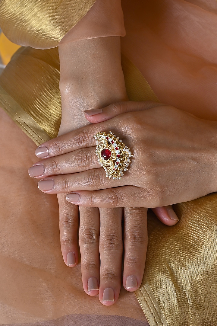 Gold Plated Jadau Kundan Polki & Mother Of Pearl Ring by Shlok Jewels at Pernia's Pop Up Shop