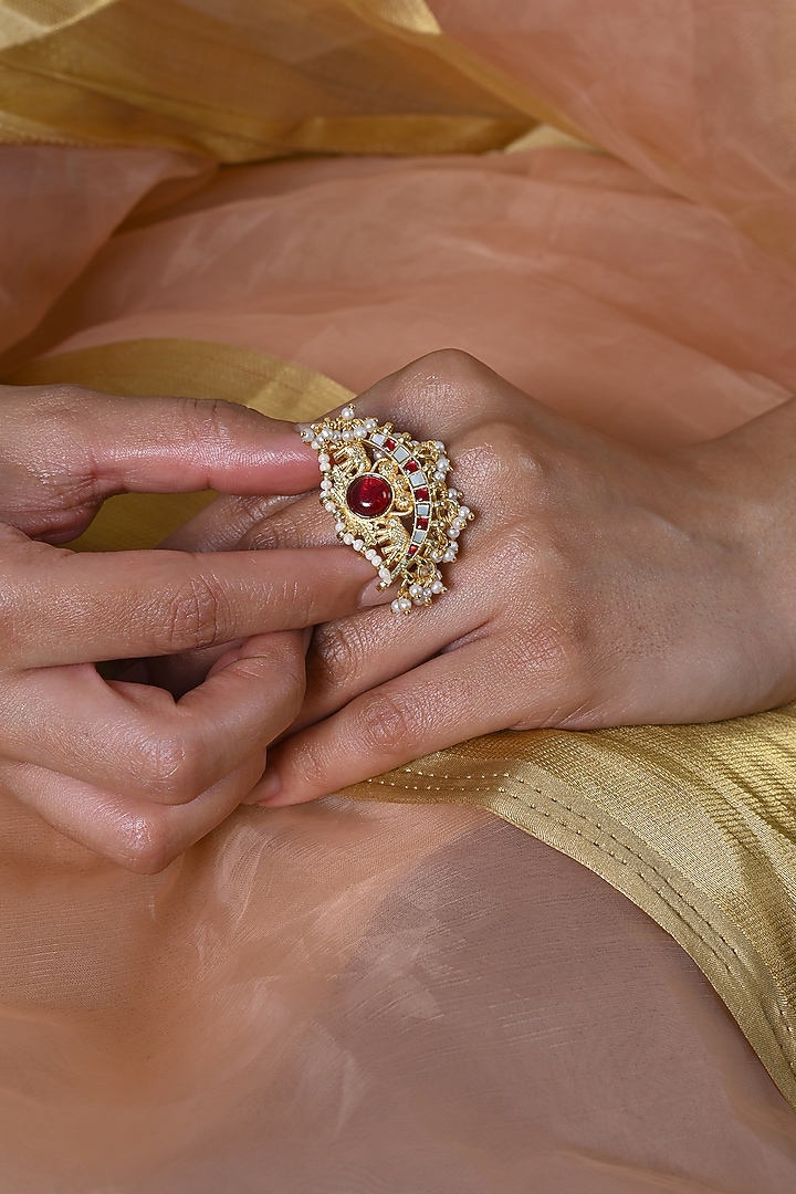 Gold Plated Jadau Kundan Polki & Mother Of Pearl Ring by Shlok Jewels at Pernia's Pop Up Shop