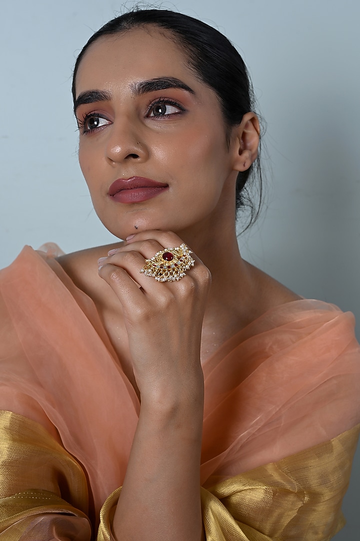 Gold Plated Jadau Kundan Polki & Mother Of Pearl Ring by Shlok Jewels at Pernia's Pop Up Shop