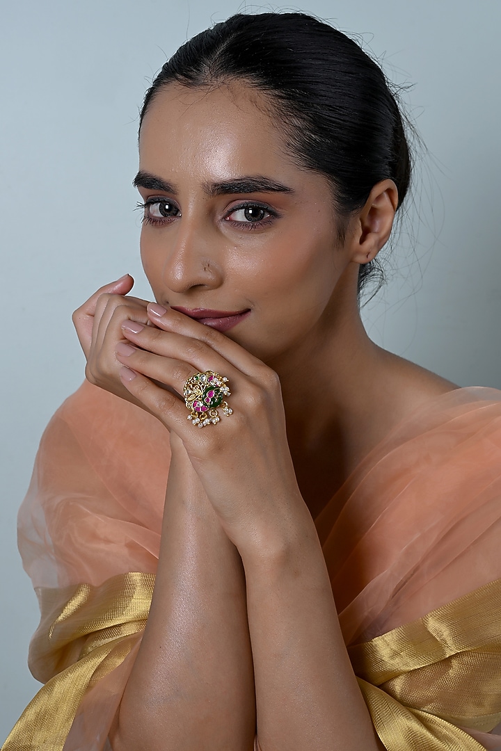 Gold Plated Jadau Multi-Colored Kundan Polki Ring by Shlok Jewels at Pernia's Pop Up Shop