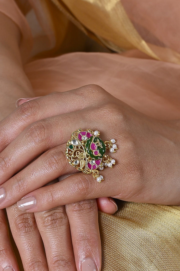 Gold Plated Jadau Multi-Colored Kundan Polki Ring by Shlok Jewels at Pernia's Pop Up Shop
