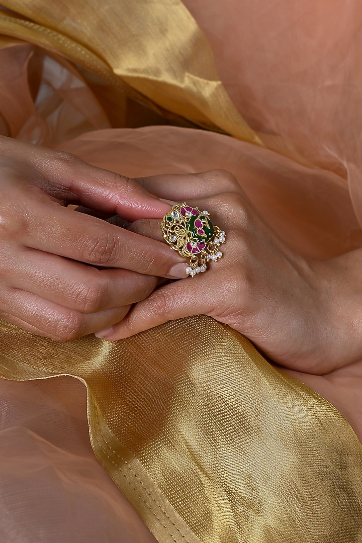 Gold Plated Jadau Multi-Colored Kundan Polki Ring by Shlok Jewels at Pernia's Pop Up Shop