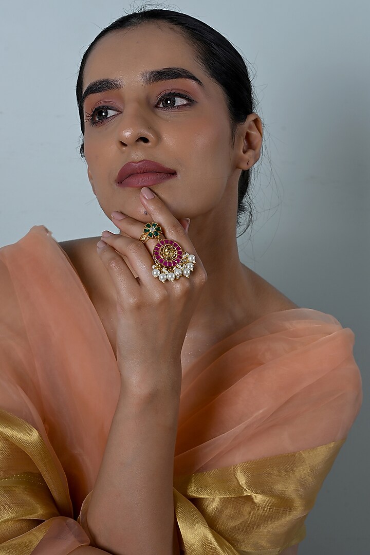 Gold Plated Jadau Multi-Colored Kundan Polki Ring by Shlok Jewels at Pernia's Pop Up Shop