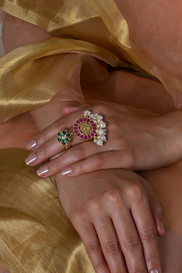 Gold Plated Jadau Multi-Colored Kundan Polki Ring by Shlok Jewels at Pernia's Pop Up Shop