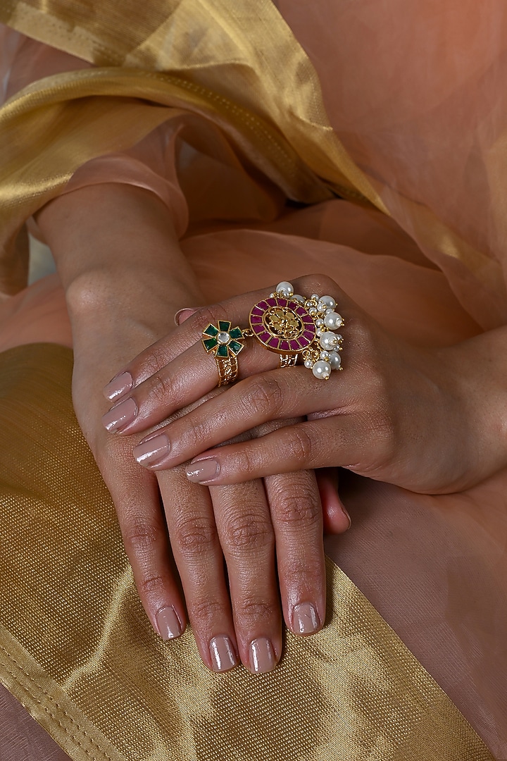Gold Plated Jadau Multi-Colored Kundan Polki Ring by Shlok Jewels at Pernia's Pop Up Shop