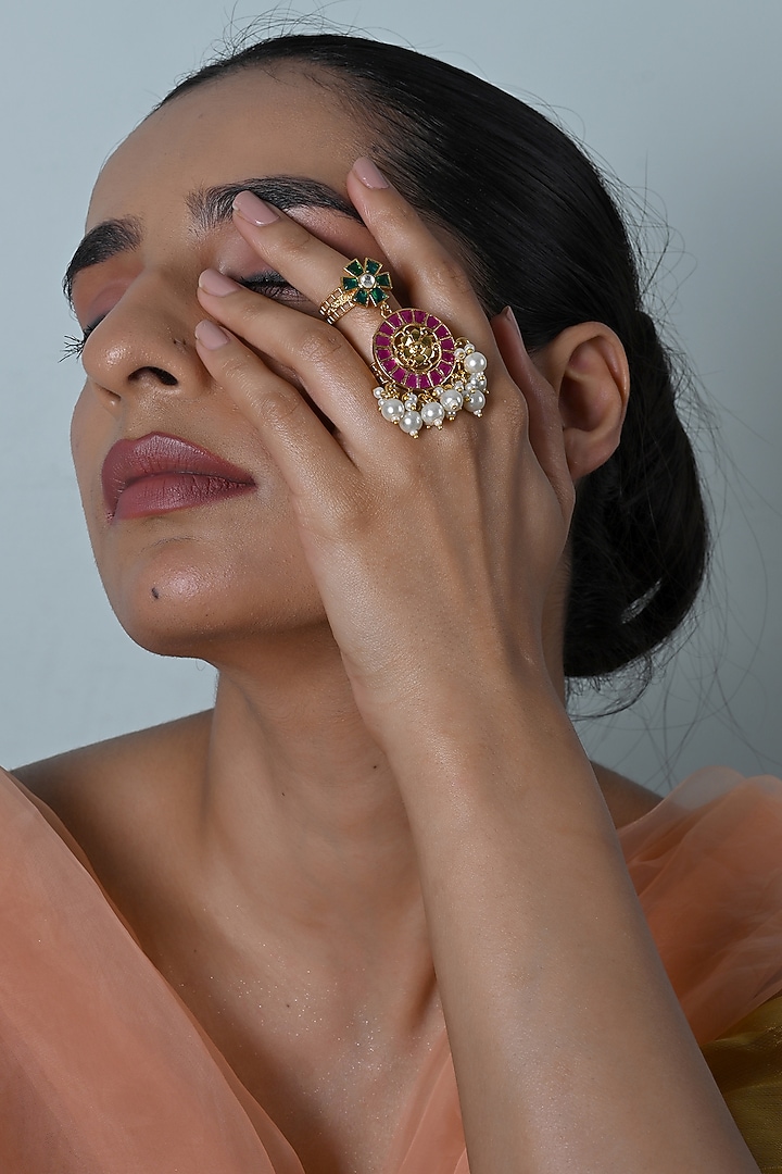 Gold Plated Jadau Multi-Colored Kundan Polki Ring by Shlok Jewels at Pernia's Pop Up Shop