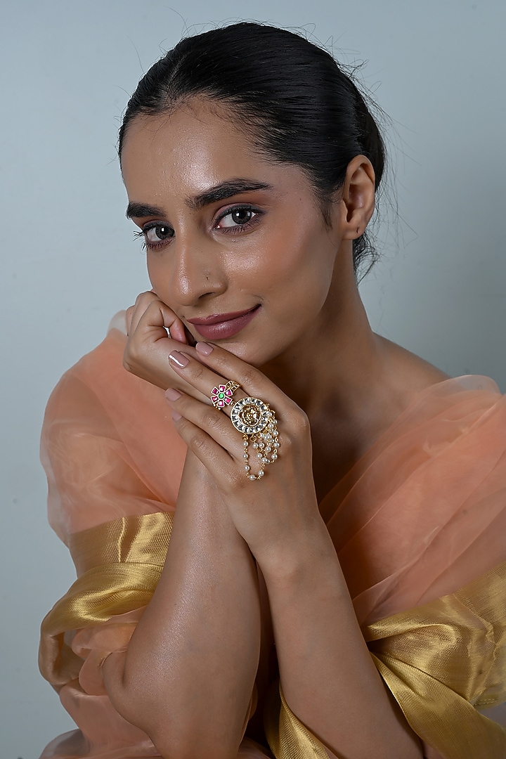 Gold Plated Jadau Multi-Colored Kundan Polki Ring by Shlok Jewels at Pernia's Pop Up Shop