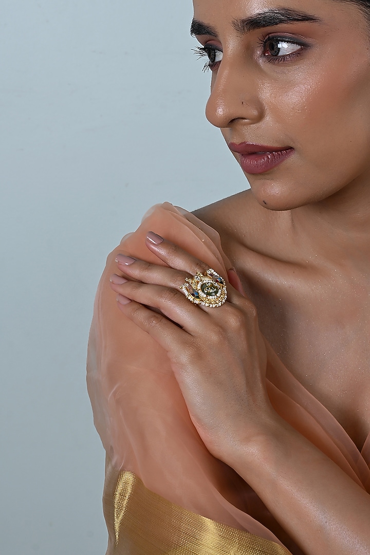 Gold Plated Multi-Colored Jadau Kundan Polki Ring by Shlok Jewels at Pernia's Pop Up Shop