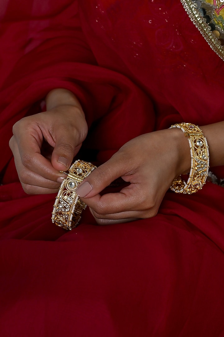 Gold Plated Multi-Colored Jadau Kundan Polki Bangles (Set Of 2) by Shlok Jewels at Pernia's Pop Up Shop