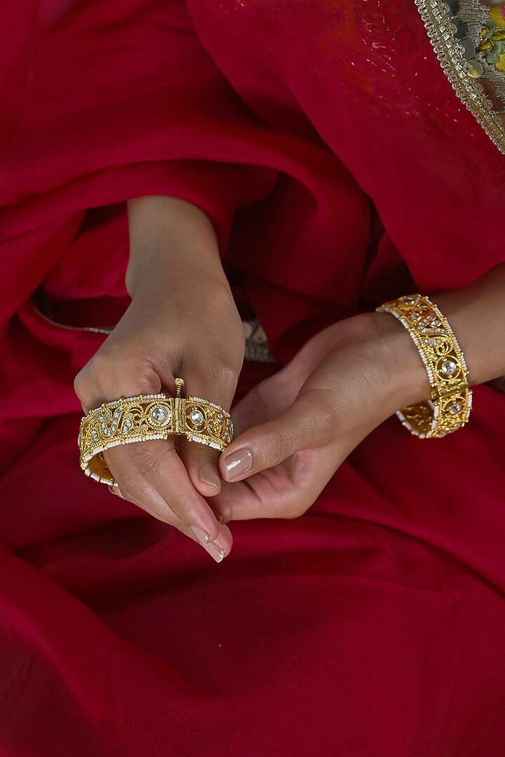 Gold Plated Multi-Colored Jadau Kundan Polki Bangles (Set Of 2) by Shlok Jewels at Pernia's Pop Up Shop