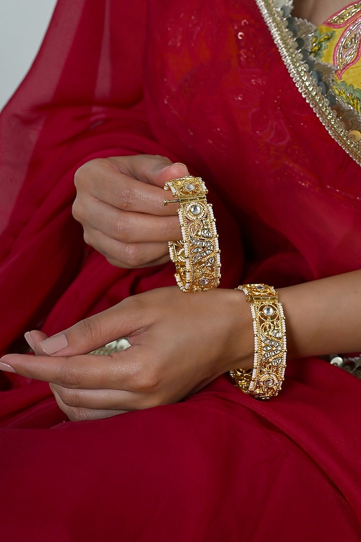 Gold Plated Multi-Colored Jadau Kundan Polki Bangles (Set Of 2) by Shlok Jewels at Pernia's Pop Up Shop