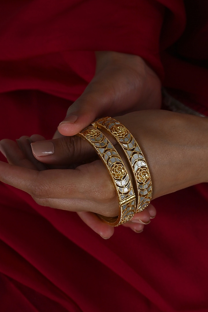 Gold Plated Mother Of Pearl Bangles (Set Of 2) by Shlok Jewels at Pernia's Pop Up Shop