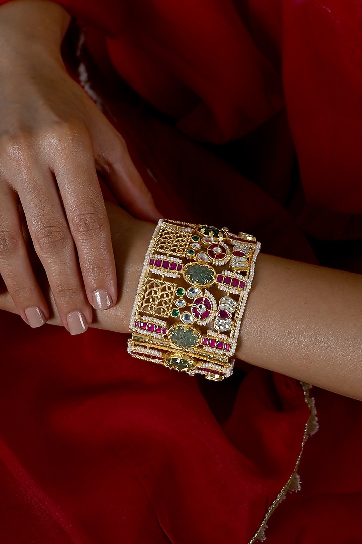Gold Plated Multi-Colored Jadau Kundan Polki Bangles (Set Of 2) by Shlok Jewels at Pernia's Pop Up Shop