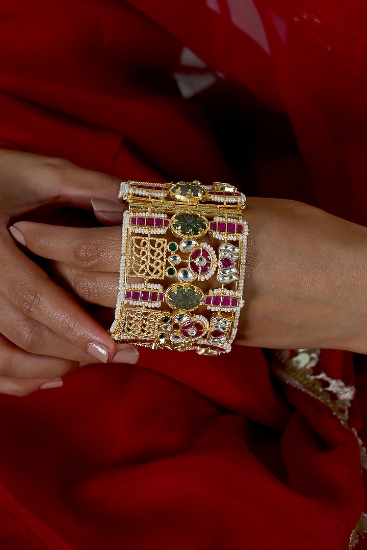 Gold Plated Multi-Colored Jadau Kundan Polki Bangles (Set Of 2) by Shlok Jewels at Pernia's Pop Up Shop