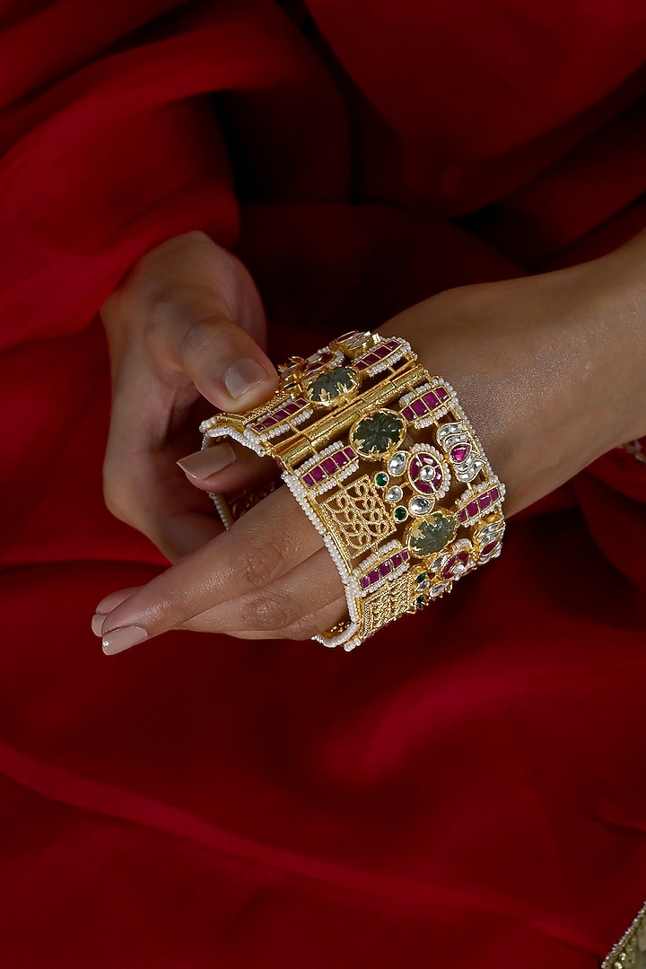 Gold Plated Multi-Colored Jadau Kundan Polki Bangles (Set Of 2) by Shlok Jewels at Pernia's Pop Up Shop