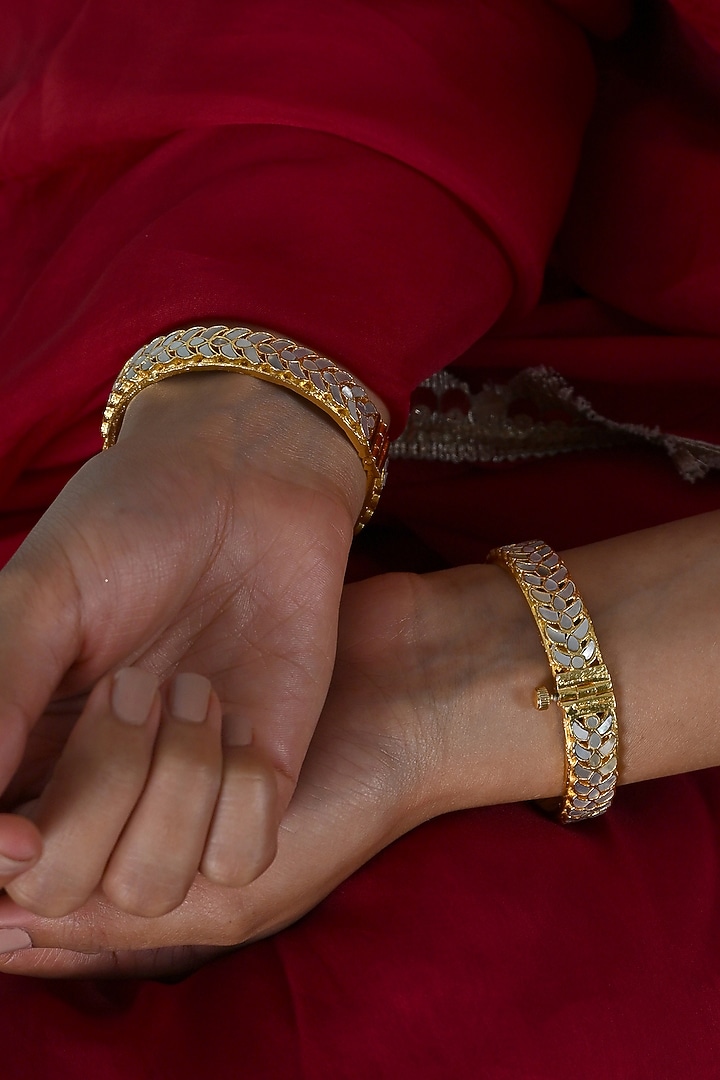 Gold Plated Mother Of Pearl Bangles (Set Of 2) by Shlok Jewels at Pernia's Pop Up Shop