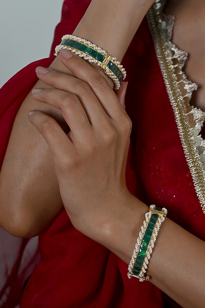 Gold Plated Green Jadau Kundan Polki Bangles (Set Of 2) by Shlok Jewels at Pernia's Pop Up Shop