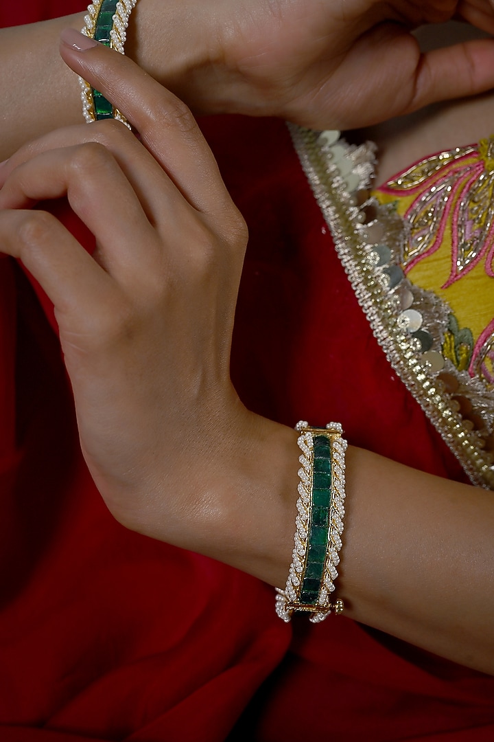 Gold Plated Green Jadau Kundan Polki Bangles (Set Of 2) by Shlok Jewels at Pernia's Pop Up Shop