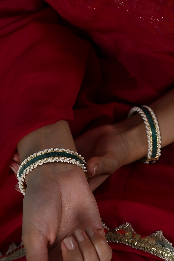 Gold Plated Green Jadau Kundan Polki Bangles (Set Of 2) by Shlok Jewels at Pernia's Pop Up Shop
