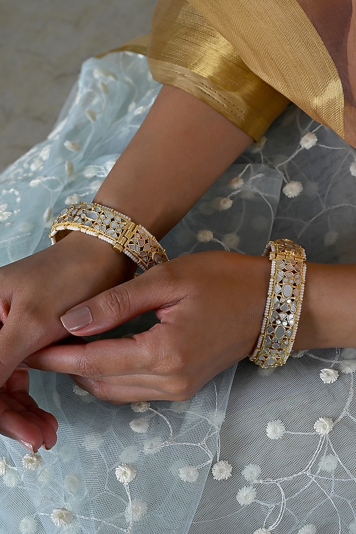 Gold Plated Mother Of Pearl Bangles (Set Of 2) by Shlok Jewels at Pernia's Pop Up Shop