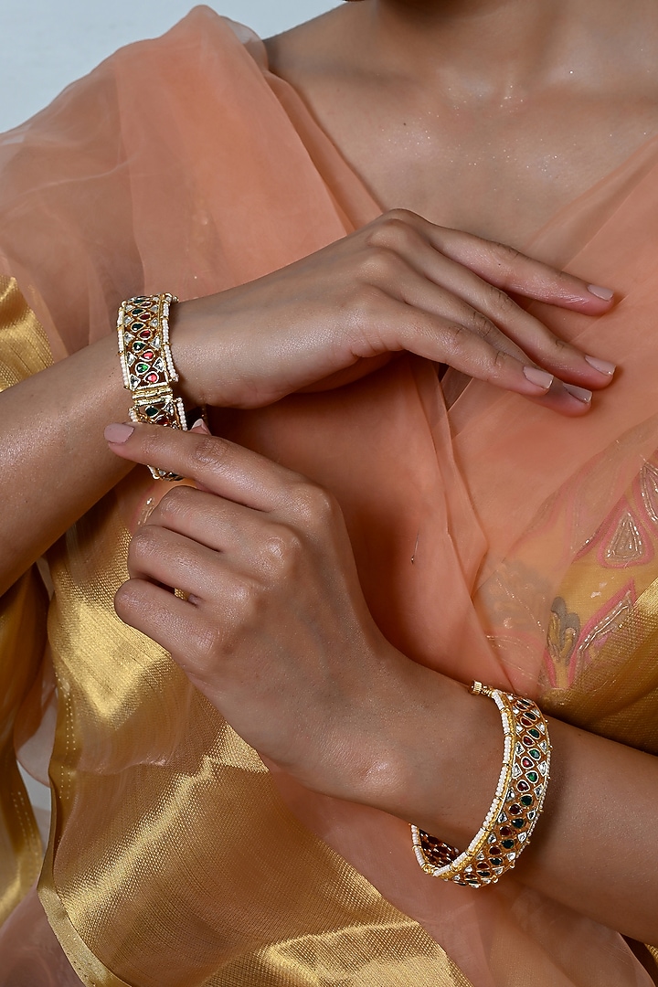 Gold Plated Multi-Colored Jadau Kundan Polki Bangles (Set Of 2) by Shlok Jewels at Pernia's Pop Up Shop