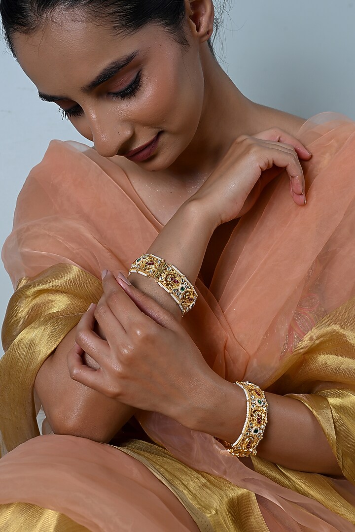 Gold Plated Multi-Colored Jadau Kundan Polki Bangles (Set Of 2) by Shlok Jewels at Pernia's Pop Up Shop