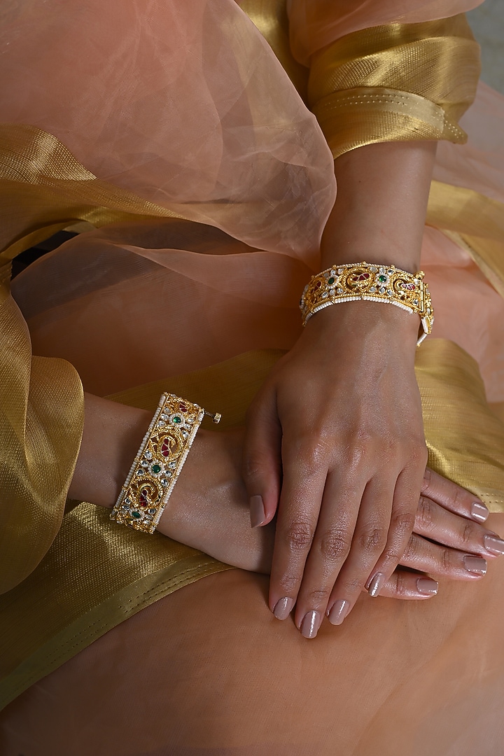 Gold Plated Multi-Colored Jadau Kundan Polki Bangles (Set Of 2) by Shlok Jewels at Pernia's Pop Up Shop