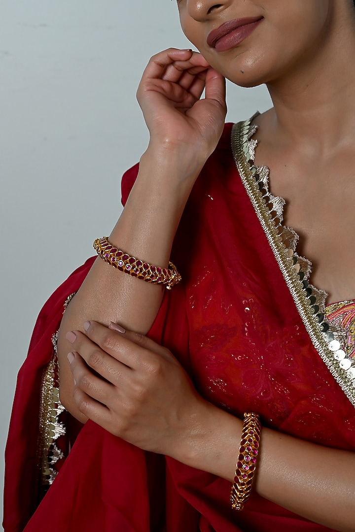 Gold Plated Pink Jadau Kundan Polki Bangles (Set Of 2) by Shlok Jewels at Pernia's Pop Up Shop