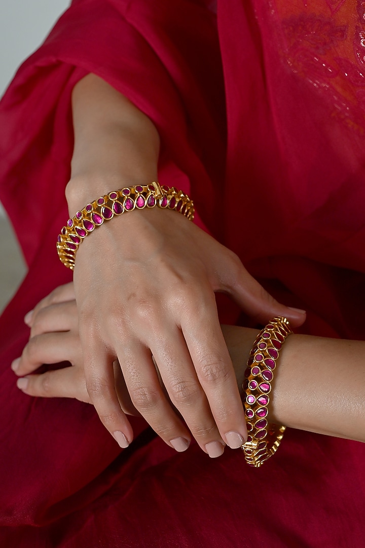 Gold Plated Pink Jadau Kundan Polki Bangles (Set Of 2) by Shlok Jewels at Pernia's Pop Up Shop