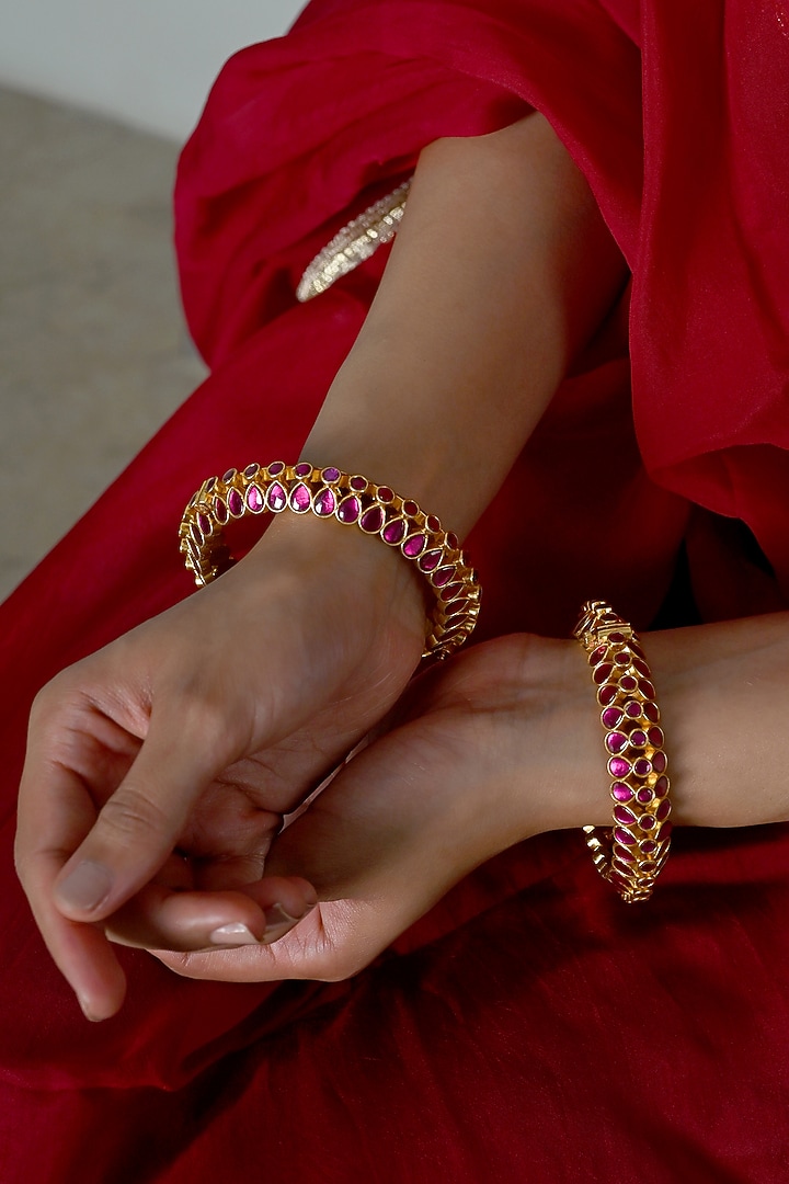 Gold Plated Pink Jadau Kundan Polki Bangles (Set Of 2) by Shlok Jewels at Pernia's Pop Up Shop