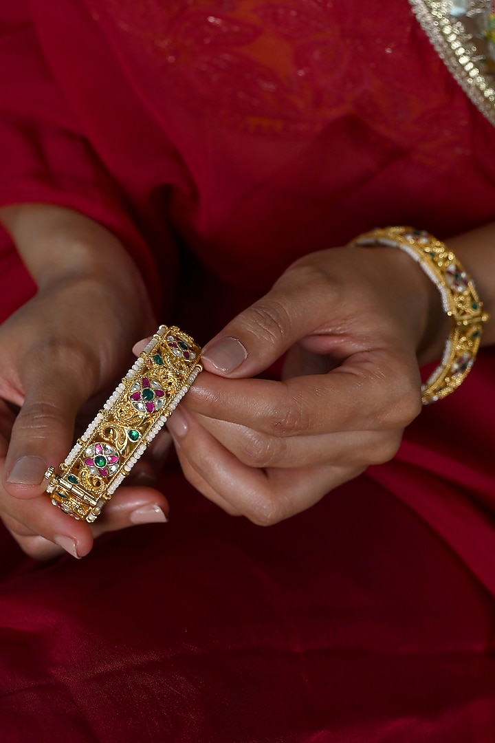 Gold Plated Multi-Colored Jadau Kundan Polki Bangles (Set Of 2) by Shlok Jewels at Pernia's Pop Up Shop