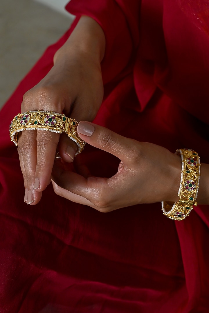 Gold Plated Multi-Colored Jadau Kundan Polki Bangles (Set Of 2) by Shlok Jewels at Pernia's Pop Up Shop
