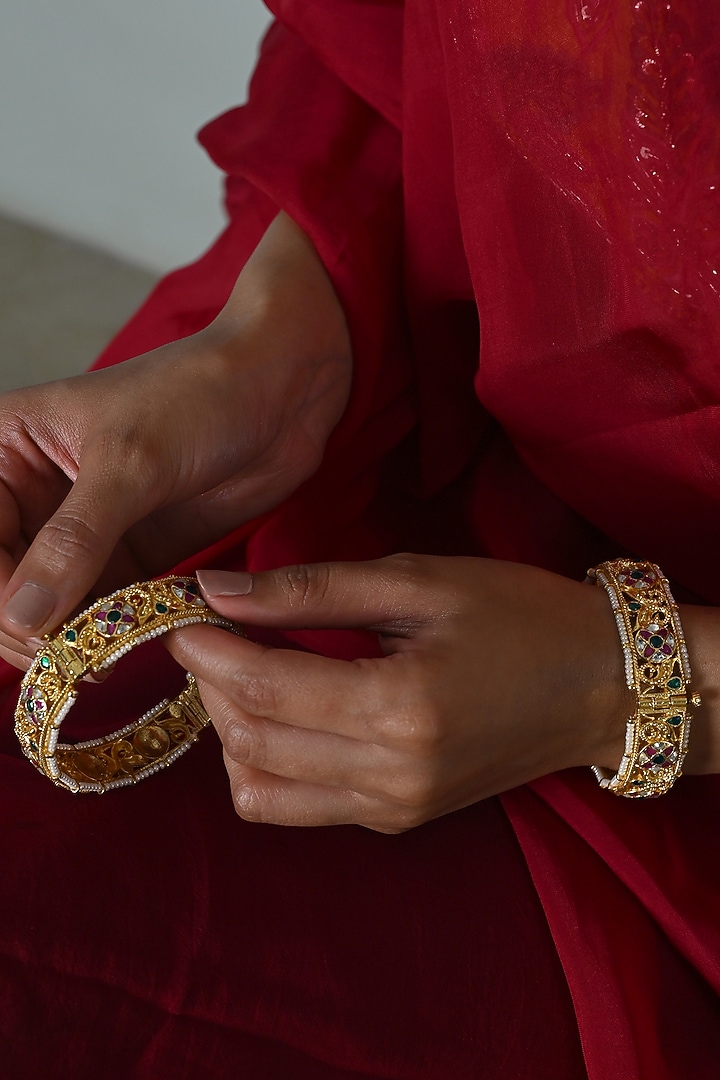Gold Plated Multi-Colored Jadau Kundan Polki Bangles (Set Of 2) by Shlok Jewels at Pernia's Pop Up Shop