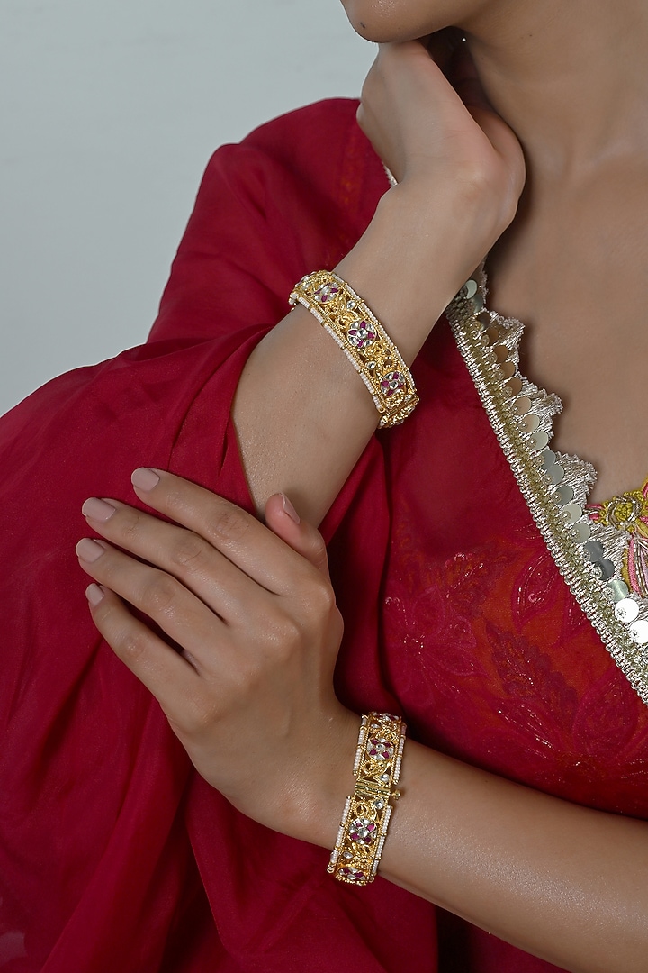 Gold Plated Multi-Colored Jadau Kundan Polki Bangles (Set Of 2) by Shlok Jewels at Pernia's Pop Up Shop