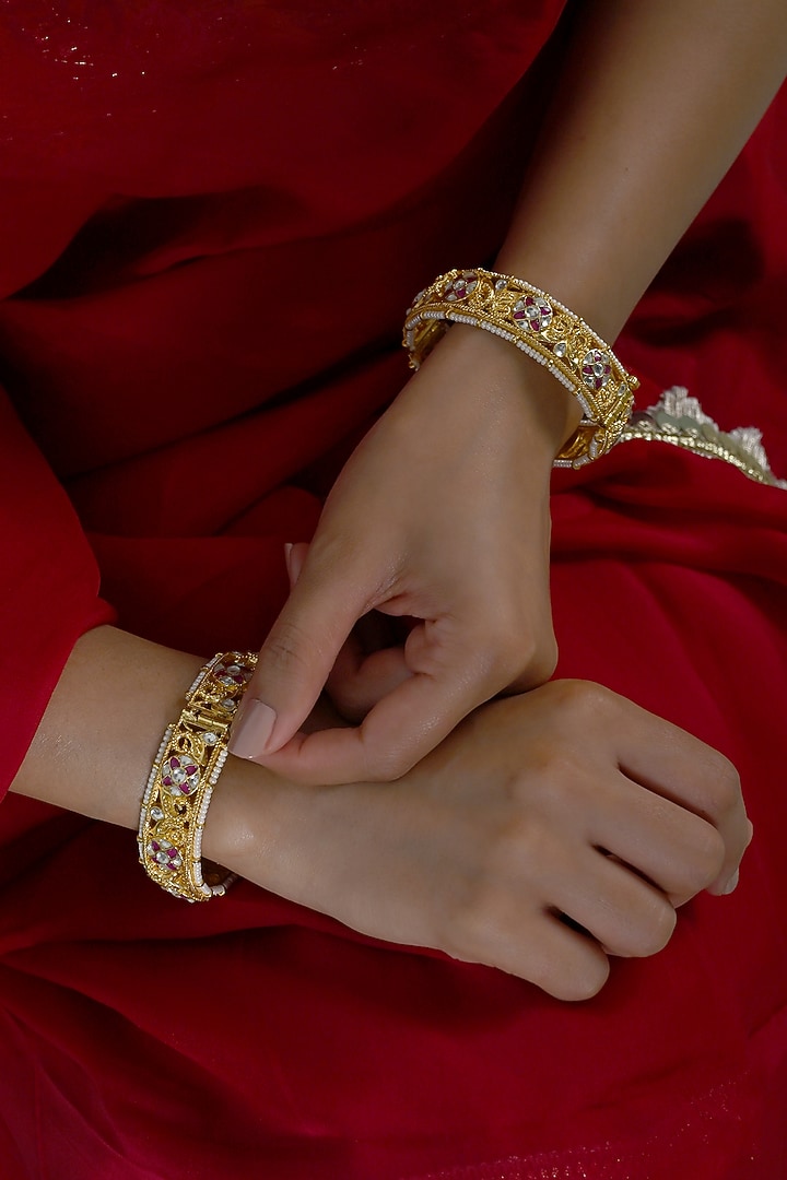 Gold Plated Multi-Colored Jadau Kundan Polki Bangles (Set Of 2) by Shlok Jewels at Pernia's Pop Up Shop