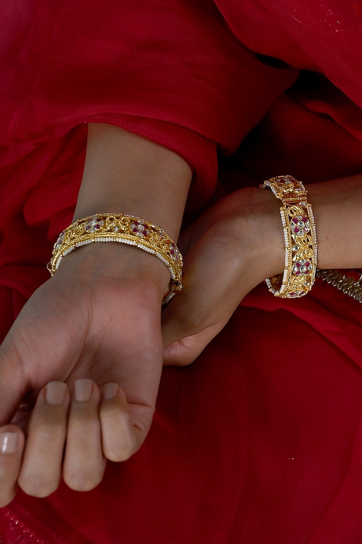 Gold Plated Multi-Colored Jadau Kundan Polki Bangles (Set Of 2) by Shlok Jewels at Pernia's Pop Up Shop