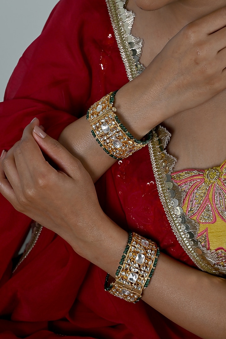 Gold Plated Multi-Colored Jadau Kundan Polki Bangles (Set Of 2) by Shlok Jewels at Pernia's Pop Up Shop