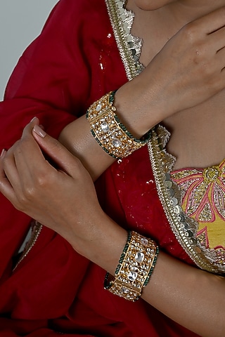 Gold Plated Multi-Colored Jadau Kundan Polki Bangles (Set Of 2) by Shlok Jewels