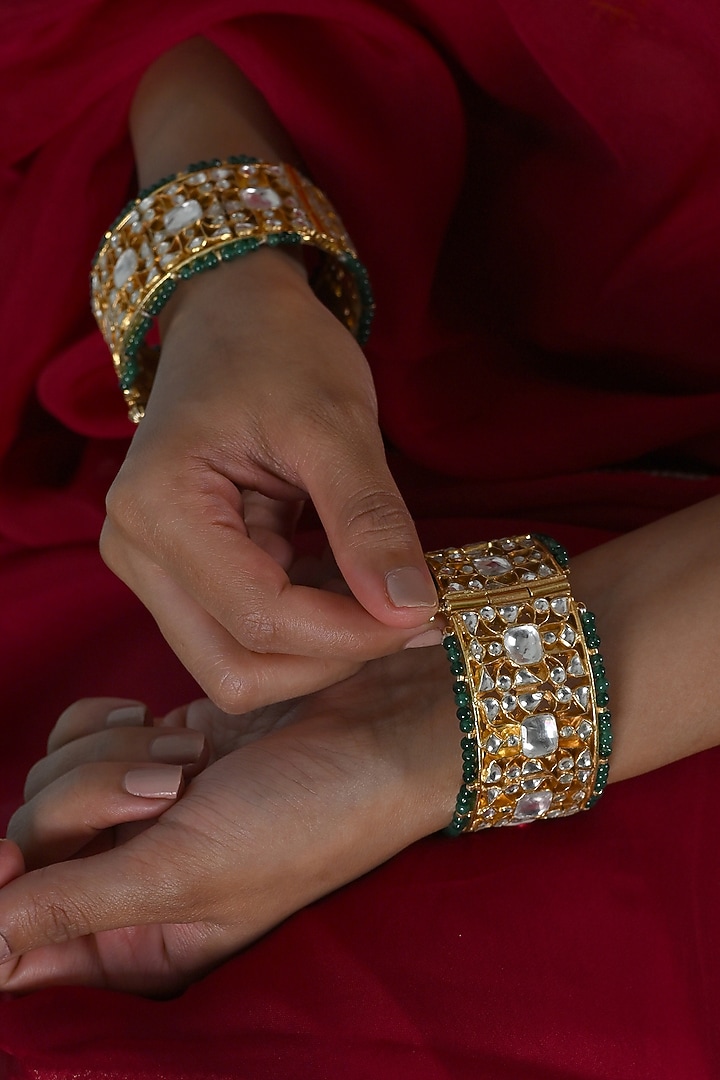 Gold Plated Multi-Colored Jadau Kundan Polki Bangles (Set Of 2) by Shlok Jewels at Pernia's Pop Up Shop