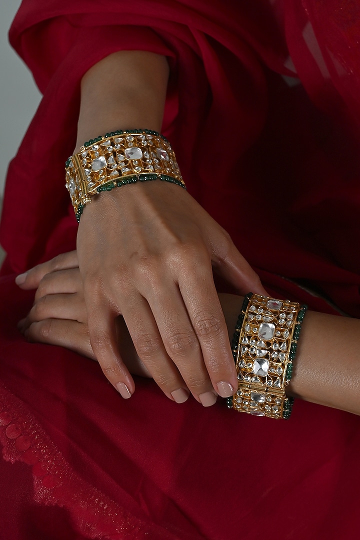 Gold Plated Multi-Colored Jadau Kundan Polki Bangles (Set Of 2) by Shlok Jewels at Pernia's Pop Up Shop