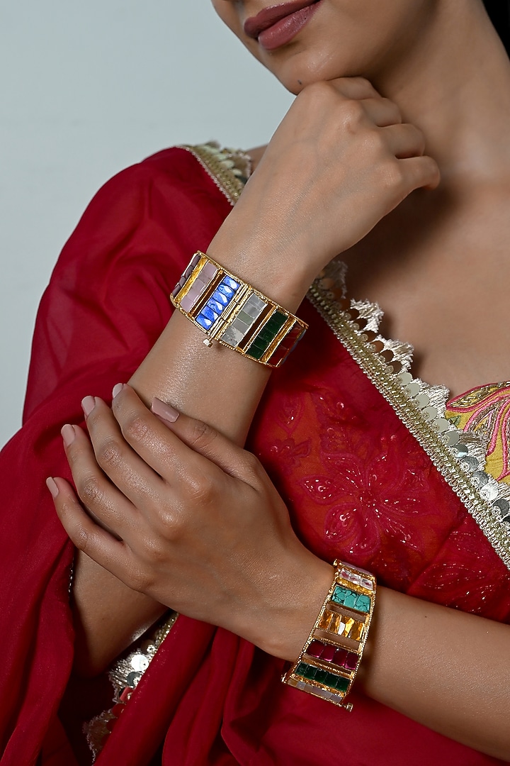 Gold Plated Multi-Colored Jadau Kundan Polki Bangles (Set Of 2) by Shlok Jewels at Pernia's Pop Up Shop
