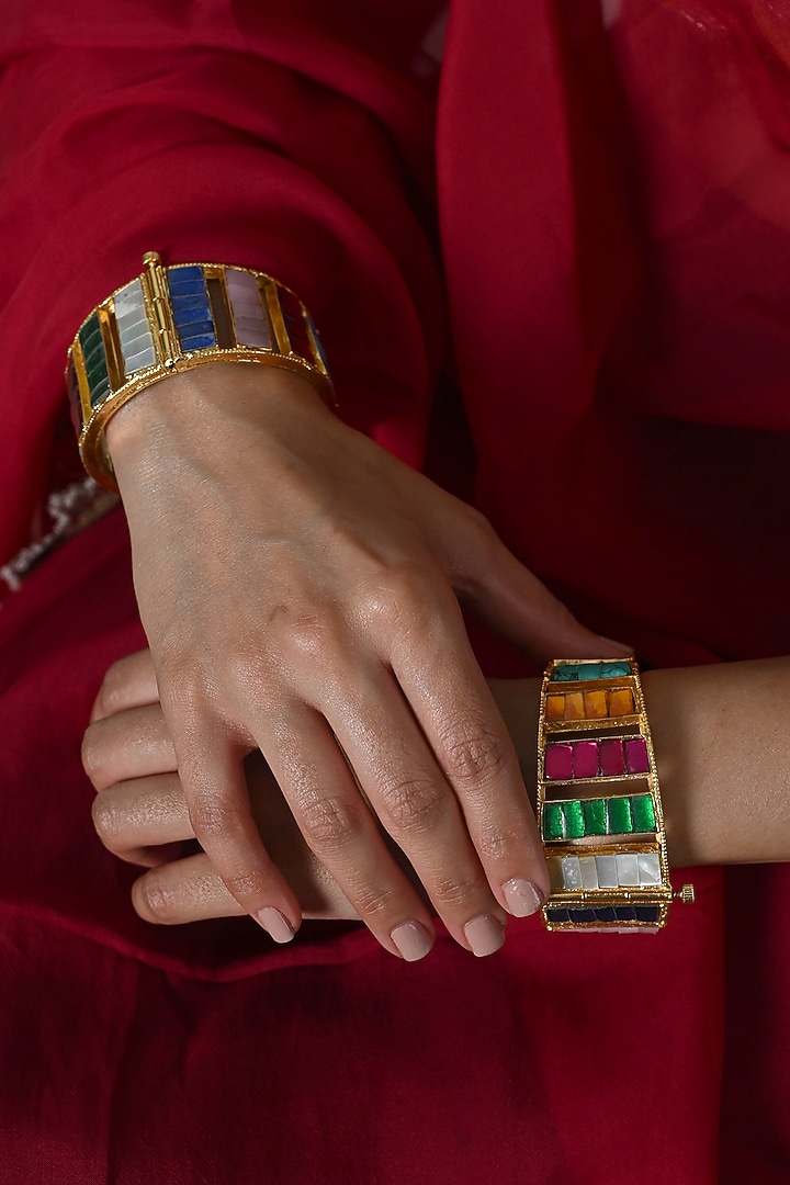Gold Plated Multi-Colored Jadau Kundan Polki Bangles (Set Of 2) by Shlok Jewels at Pernia's Pop Up Shop