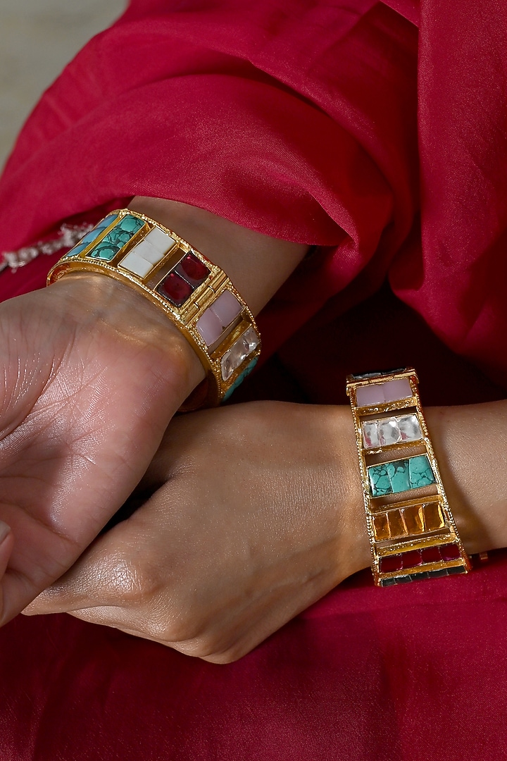 Gold Plated Multi-Colored Jadau Kundan Polki Bangles (Set Of 2) by Shlok Jewels at Pernia's Pop Up Shop